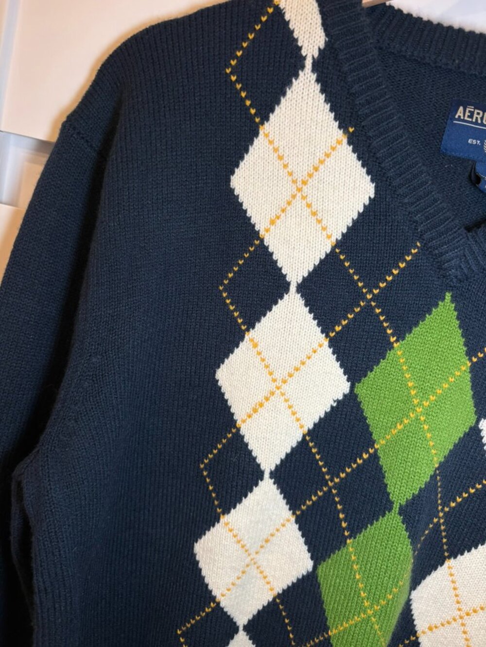 Aeropostale Men's Collegiate Argyle V-Neck Sweater Navy Green Preppy Y2K Medium - Picture 6 of 10